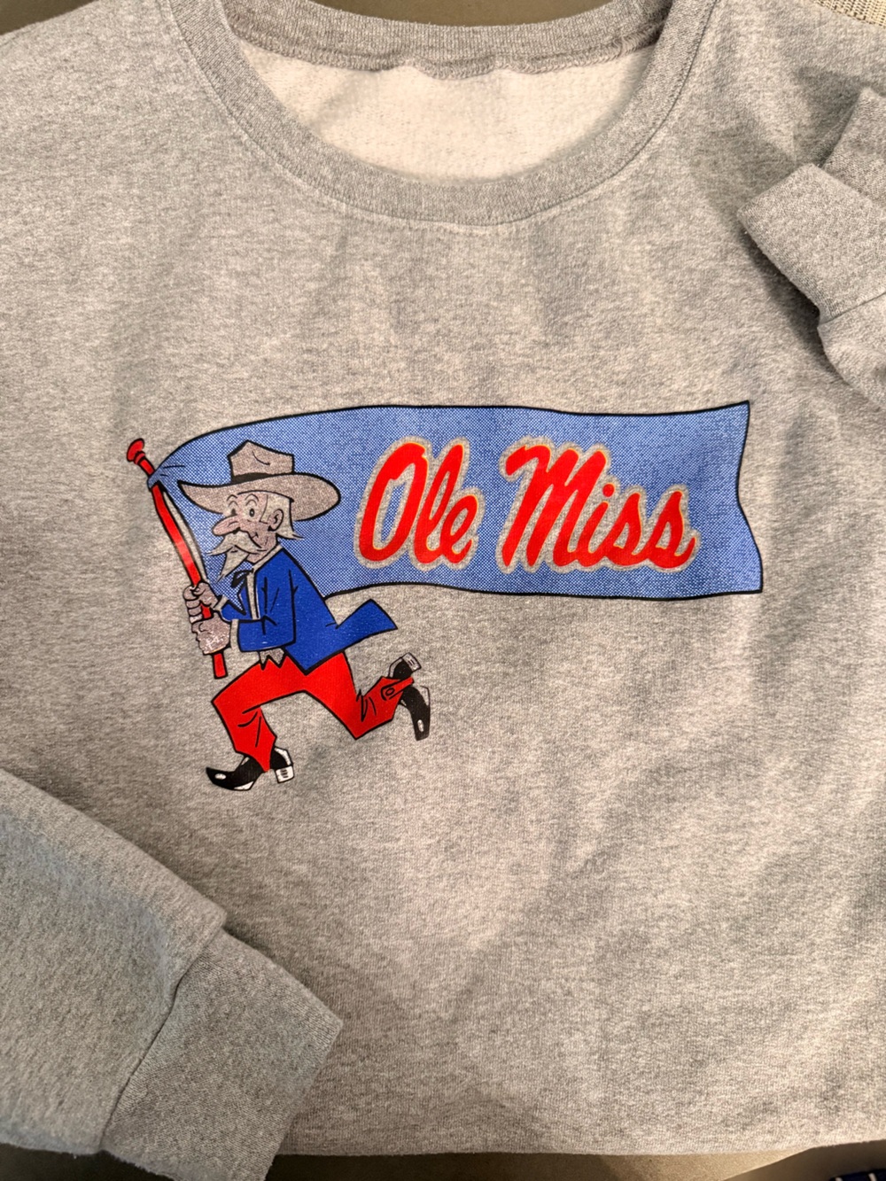 Vintage Ole Miss Grey Crewneck with Red and Blue Graphic